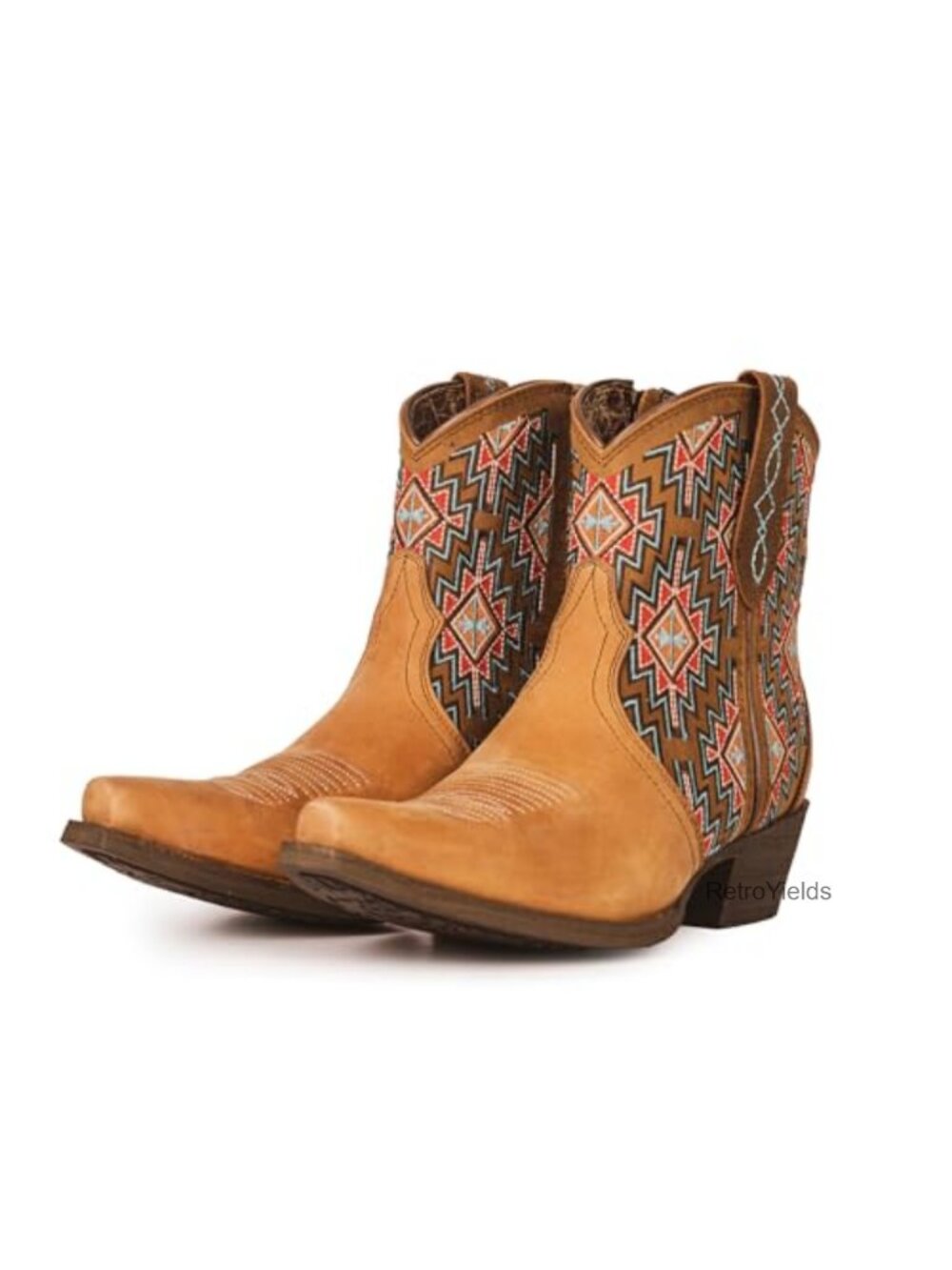 Genuine Leather Western Cowboy Ankle Boots Low Chunky Heel Pointed Toe